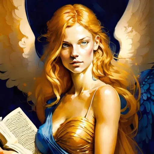 Prompt: Woman with angel wings, golden hair, bright golden eyes, holding a book, wearing a blue gown, in the art style of Todd Lockwood.