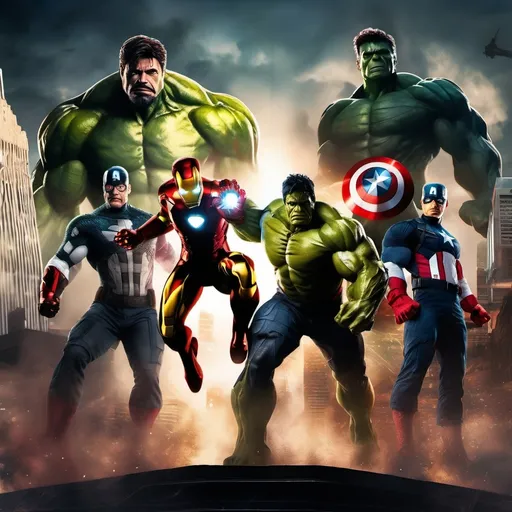 Prompt: a group of superheros, in a triagular formation with ironman front and centre followed by spiderman, hulk, captain america black widow. deep colors dark