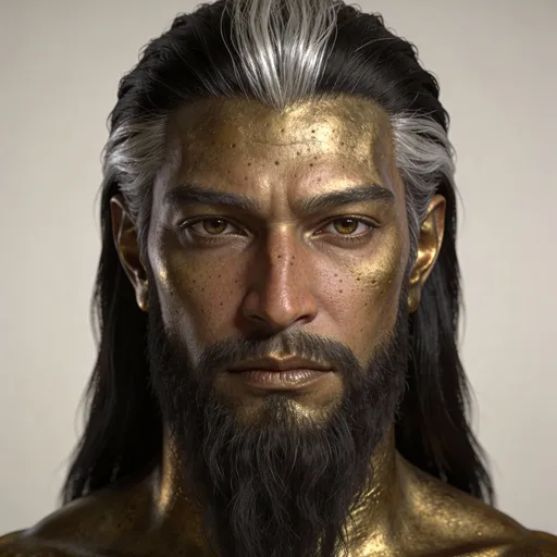 Prompt: Ultra-realistic single-subject portrait of Enki, ancient Anunnaki god.
ONE face only, centred, front-facing, looking directly at the camera.
No split image, no multiple angles, no side view.
Symmetrical facial structure, calm, intelligent expression.
Long obsidian-silver hair, neatly groomed full beard.
Bronze-gold skin with realistic pores and texture.
Soft cinematic studio lighting evenly illuminates the face.
Neutral background, shallow depth of field.
Photorealistic, sharp focus, 8k realism.

split screen, diptych, two faces, multiple views,
side profile, angled face, looking away,
comparison image, before and after,
helmet, crown, mask, headpiece,
cartoon, anime, illustration,
plastic skin, airbrushed face,
different identity, face variation



