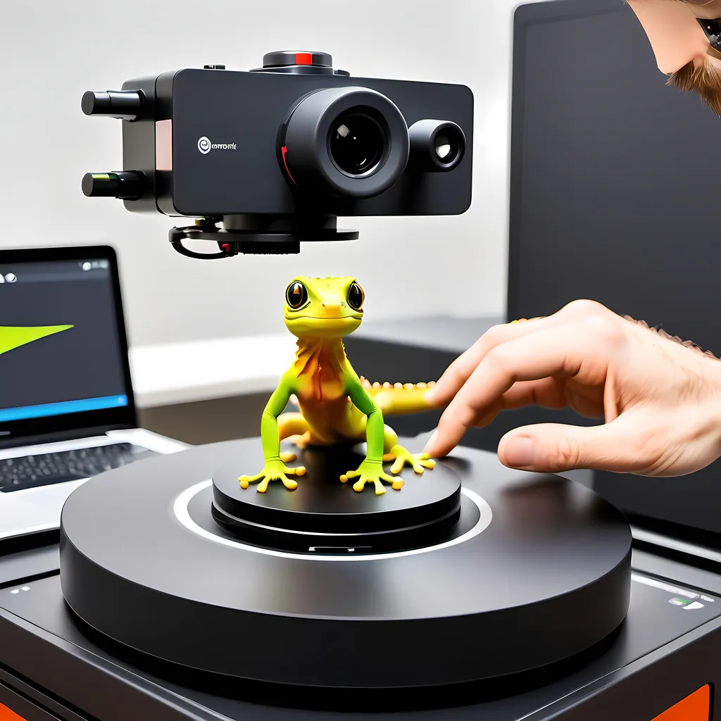 Prompt: gecko doing 3D scanning with revopoint 3d scan device, and using turntable

