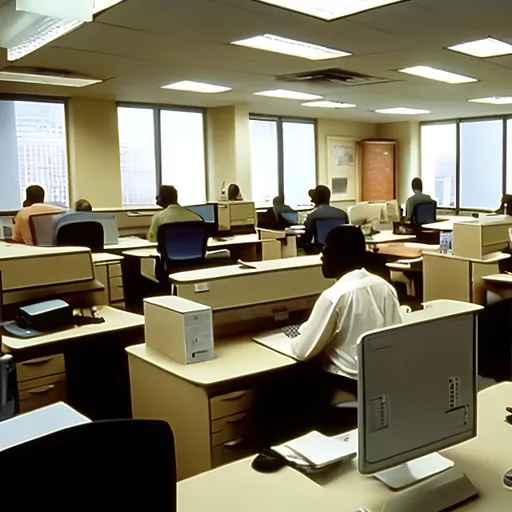 Prompt: A beige office from the 90s, with old desks and computers. There are 6 people in that office, African-American and white-american, and all of those people are looking together at one computers screen, that is back to us. In the background of the scene you can see a window with city buildings.