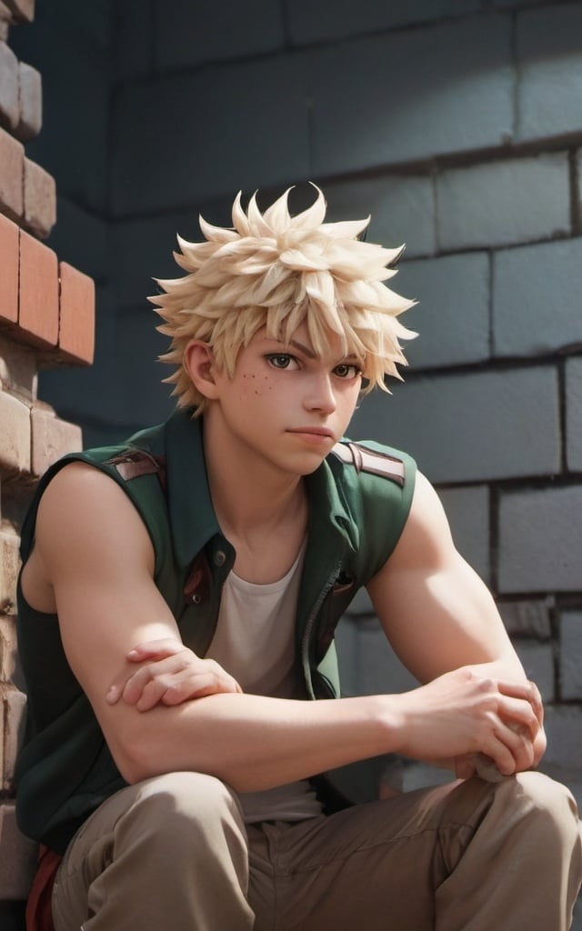 Prompt: High quality, male, anime, looks like adult Bakugo from My Hero academia, Leaning against a brick wall, with a confident pose and a smirk. 