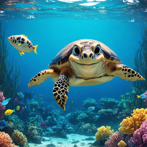 Prompt: A friendly, smiling seat turtle, swimming in an ocean full of fish and coral. The sea turtle is looking at me and smiles. Cartoonish with realistic humanoid features.