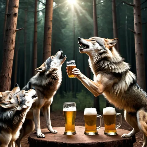 Prompt: You are at a party and it's getting late. The party is outside in the forest. You take a Photograph of a Wolf Pack drinking beer and one of the wolves is doing a backflip. The others are howling. One Wolf is jumping. One other Wolf is kissing