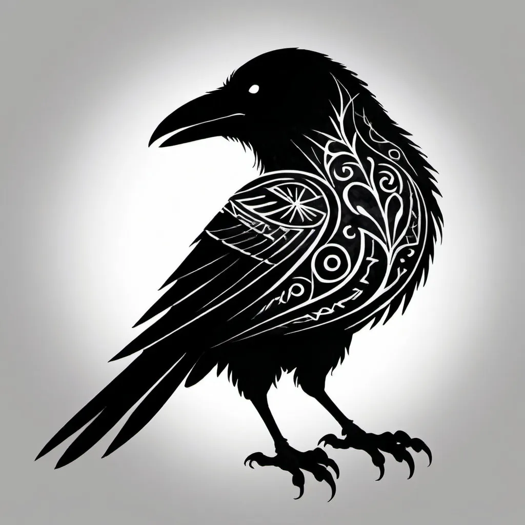 Prompt: A raven silhouette that is painted from nordic runes and has a mythic look.