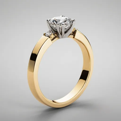 Prompt: Create a unique diamond solitaire ring in yellow gold. The ring features a single round-cut diamond set with four prongs. Two prongs are rounded in shape, while the other two are claw prongs, creating a balanced yet distinct look. The band is sleek and minimal, allowing the diamond to be the focal point. The overall design should be modern, elegant, and unlike any existing ring in the world, with a focus on the interplay between the contrasting prong shapes.