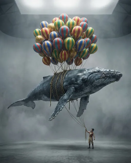 Prompt: A wide cinematic studio shot of a massive giant whale floating in the air, lifted by dozens of colorful circus balloons tied with long ropes around its body. The whale appears enormous, filling most of the frame, with realistic skin texture, subtle water shine, and natural marine anatomy. Far below, a small circus performer is holding the balloon strings, emphasizing the huge scale difference. Strong exaggerated fantasy proportions, epic magical realism, playful circus mood but with majestic scale. Soft cinematic lighting, wide depth of field, highly detailed whale skin and balloon textures, neutral gray background fading into soft mist, professional DSLR photography, dreamy fairytale circus atmosphere.
epic sense of scale, dramatic wide-angle composition, tiny human compared to massive whale, fantasy spectacle