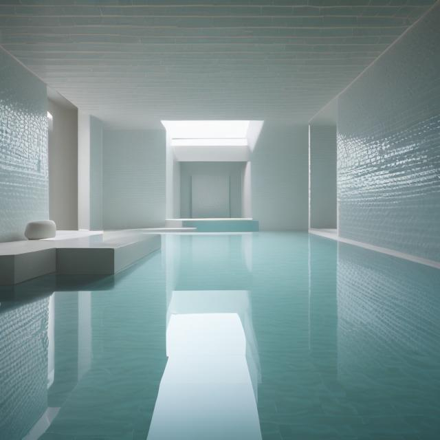 Prompt: an expansive complex of interconnected rooms and corridors slightly submerged in undulating, lukewarm water.
he walls, ceilings, and floors of the level all appear to be constructed from the same white ceramic tile, with the only deviation from this color being the blue-green hue of the water. light is cast from irregular angles. a minimal and constant rippling is present in the water covering. no trees outside!!!!!! humid climate but the sunlight in the environment must be like in a late afternoon