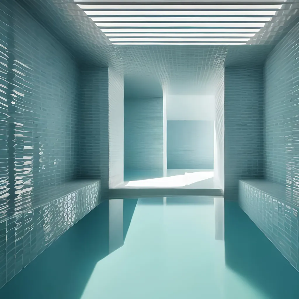 Prompt: an expansive complex of interconnected rooms and corridors slightly submerged in undulating, lukewarm water.
he walls, ceilings, and floors of the level all appear to be constructed from the same white ceramic tile, with the only deviation from this color being the blue-green hue of the water. light is cast from irregular angles. a minimal and constant rippling is present in the water covering. no trees outside!!!!!! humid climate but the sunlight in the environment must be like in a late afternoon