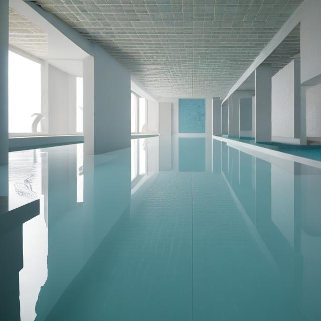 Prompt: an expansive complex of interconnected rooms and corridors slightly submerged in undulating, lukewarm water.
he walls, ceilings, and floors of the level all appear to be constructed from the same white ceramic tile, with the only deviation from this color being the blue-green hue of the water. light is cast from irregular angles. a minimal and constant rippling is present in the water covering. no trees outside!!!!!! humid climate but the sunlight in the environment must be like in a late afternoon