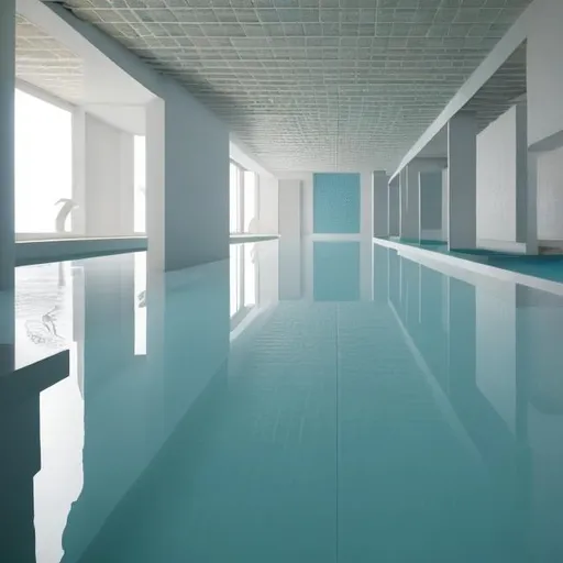 Prompt: an expansive complex of interconnected rooms and corridors slightly submerged in undulating, lukewarm water.
he walls, ceilings, and floors of the level all appear to be constructed from the same white ceramic tile, with the only deviation from this color being the blue-green hue of the water. light is cast from irregular angles. a minimal and constant rippling is present in the water covering. no trees outside!!!!!! humid climate but the sunlight in the environment must be like in a late afternoon