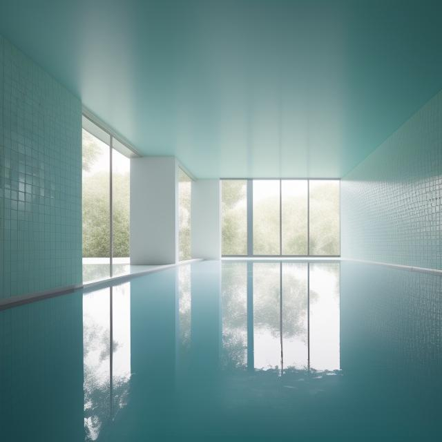 Prompt: an expansive complex of interconnected rooms and corridors slightly submerged in undulating, lukewarm water. he walls, ceilings, and floors of the level all appear to be constructed from the same white ceramic tile, with the only deviation from this color being the blue-green hue of the water. light is cast from irregular angles. a minimal and constant rippling is present in the water covering. no trees outside!!!!!! humid climate but the sunlight in the environment must be like in a late afternoon