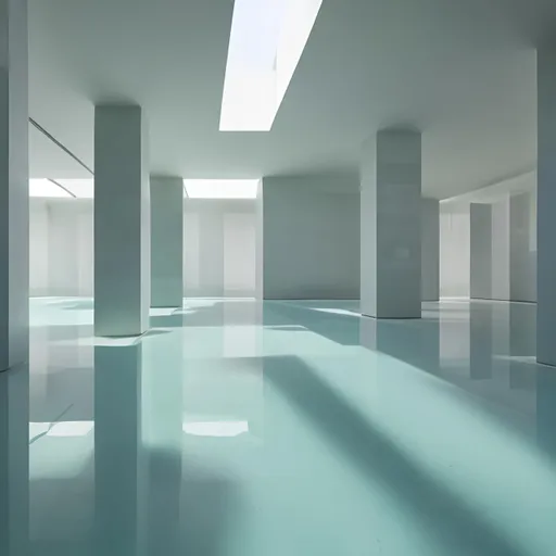 Prompt: an expansive complex of interconnected rooms and corridors slightly submerged in undulating, lukewarm water.
he walls, ceilings, and floors of the level all appear to be constructed from the same white ceramic tile, with the only deviation from this color being the blue-green hue of the water. light is cast from irregular angles. a minimal and constant rippling is present in the water covering. no trees outside!!!!!! humid climate.