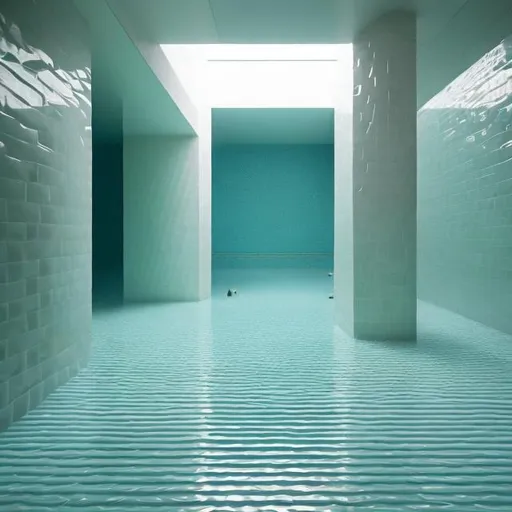 Prompt: an expansive complex of interconnected rooms and corridors slightly submerged in undulating, lukewarm water. he walls, ceilings, and floors of the level all appear to be constructed from the same white ceramic tile, with the only deviation from this color being the blue-green hue of the water. light is cast from irregular angles. a minimal and constant rippling is present in the water covering. no trees outside!!!!!! humid climate but the sunlight in the environment must be like in a late afternoon