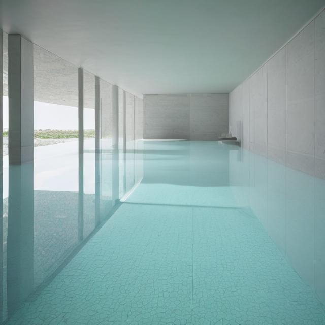 Prompt: an expansive complex of interconnected rooms and corridors slightly submerged in undulating, lukewarm water.
he walls, ceilings, and floors of the level all appear to be constructed from the same white ceramic tile, with the only deviation from this color being the blue-green hue of the water. light is cast from irregular angles. a minimal and constant rippling is present in the water covering. no trees outside!!!!!! humid climate.