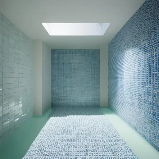 Prompt: an expansive complex of interconnected rooms and corridors slightly submerged in undulating, lukewarm water.
he walls, ceilings, and floors of the level all appear to be constructed from the same white ceramic tile, with the only deviation from this color being the blue-green hue of the water. light is cast from irregular angles. a minimal and constant rippling is present in the water covering. no vegetation outside!!!!!! humid climate.