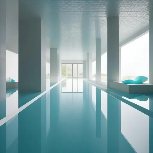 Prompt: an expansive complex of interconnected rooms and corridors slightly submerged in undulating, lukewarm water. he walls, ceilings, and floors of the level all appear to be constructed from the same white ceramic tile, with the only deviation from this color being the blue-green hue of the water. light is cast from irregular angles. a minimal and constant rippling is present in the water covering. no trees outside!!!!!! humid climate but the sunlight in the environment must be like in a late afternoon