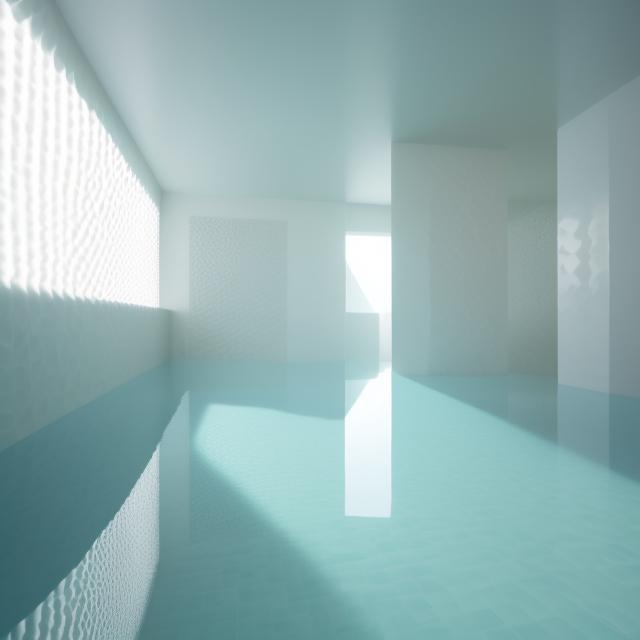 Prompt: an expansive complex of interconnected rooms and corridors slightly submerged in undulating, lukewarm water.
he walls, ceilings, and floors of the level all appear to be constructed from the same white ceramic tile, with the only deviation from this color being the blue-green hue of the water. light is cast from irregular angles. a minimal and constant rippling is present in the water covering. no trees outside!!!!!! humid climate but the sunlight in the environment must be like in a late afternoon