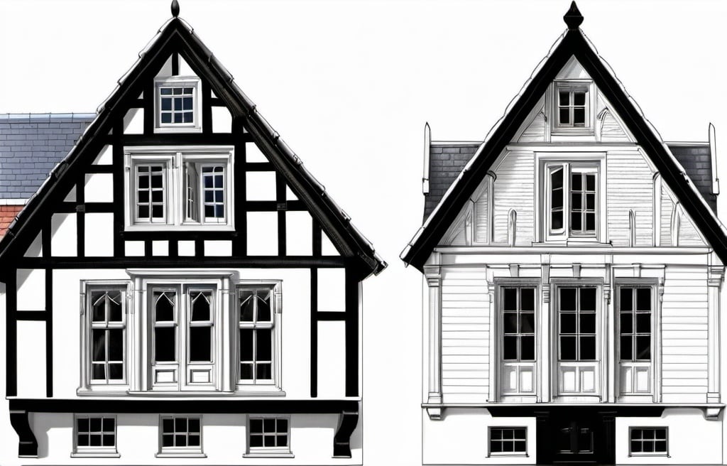 Prompt: Three examples of gabled roof design, timber doors and sash windows, Cape Dutch facades, high quality, detailed, architectural illustration, gabled roof designs, Cape Dutch architecture, timber doors, sash windows, detailed illustration, architectural details