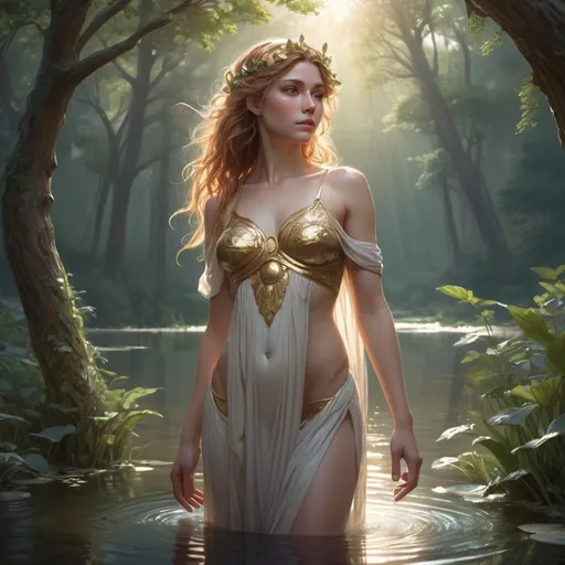 Prompt: (masterpiece, best quality, 4k, aesthetic, detailed, intricate) , Venus Goddess standing in a forest near a lake, head to thigh portrait, romantic lighting, , bright sunlight,, Full body portrait of beautiful greek goddess, standing in a pond, soaking wet hair, by terry o'neill intricate, elegant, highly detailed, digital painting, glistening skin, artstation, concept art, smooth, sharp focus, bright lighting, illustration, art by artgerm and greg rutkowski and alphonse mucha, 8 k