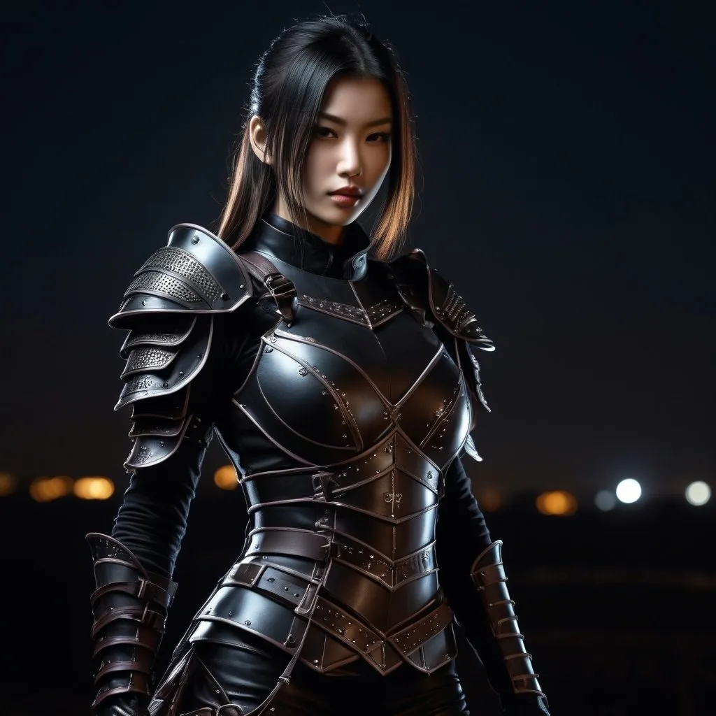 Prompt: ninja girl, dressed in leather armor, dark art, at night, detailed, HQ, ultra defined