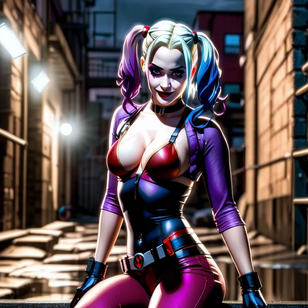 Prompt: Harley Quinn dark alley at night, comic book style, dramatic lighting, intense expression, detailed artwork, highres, comic style, dark tones, dramatic lighting, urban setting, intense gaze, professional art