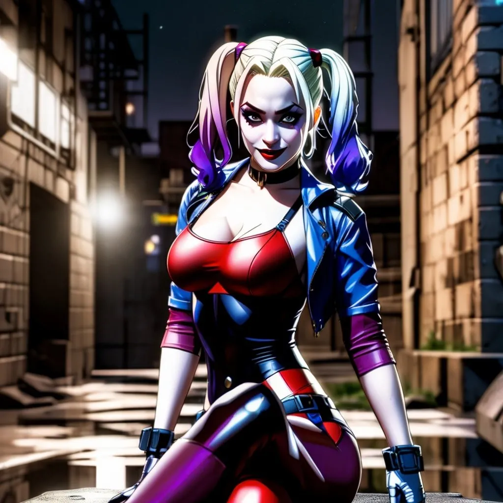 Prompt: Harley Quinn dark alley at night, comic book style, dramatic lighting, intense expression, detailed artwork, highres, comic style, dark tones, dramatic lighting, urban setting, intense gaze, professional art