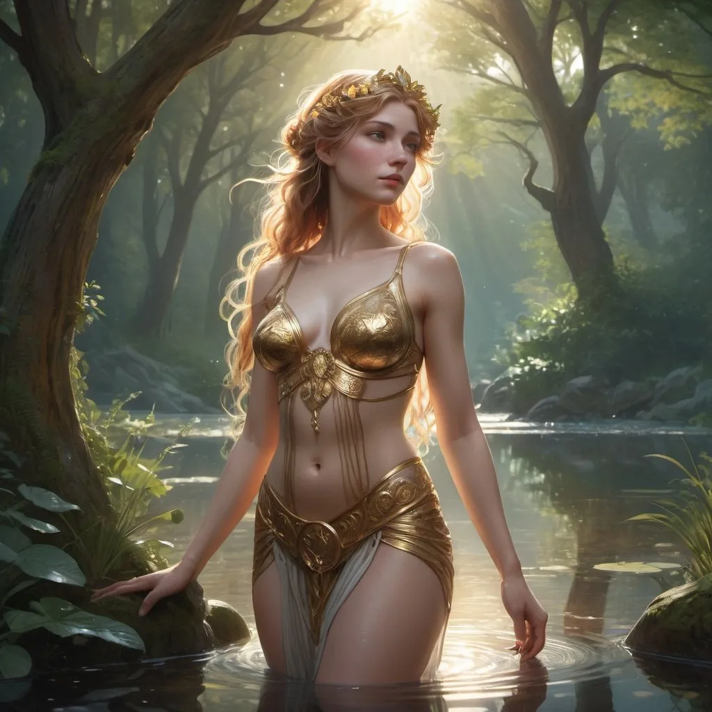 Prompt: (masterpiece, best quality, 4k, aesthetic, detailed, intricate) , Venus Goddess standing in a forest near a lake, head to thigh portrait, romantic lighting, , bright sunlight,, Full body portrait of beautiful greek goddess, standing in a pond, soaking wet hair, by terry o'neill intricate, elegant, highly detailed, digital painting, glistening skin, artstation, concept art, smooth, sharp focus, bright lighting, illustration, art by artgerm and greg rutkowski and alphonse mucha, 8 k