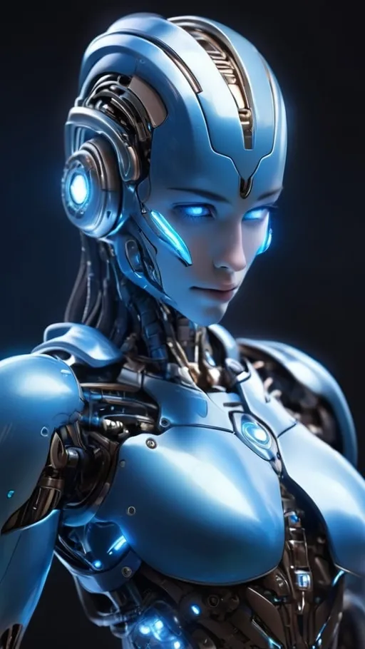 Prompt: Um humanoide ciborgue com dispositivos eletrônicos integrados. Seu rosto é suave e humano, mas possui olhos brilhantes iluminados em azul real e azul claro. Pele metálica com textura suave e cabelos que fluem como fios elétricos. A armadura cibernética é elegante e incorpora circuitos luminosos em tons de azul real e azul claro, que se destacam em seu corpo robótico, e que o rosto esteja levemente virado para o lado direito e sem cortar nenhuma parte do cabelo.