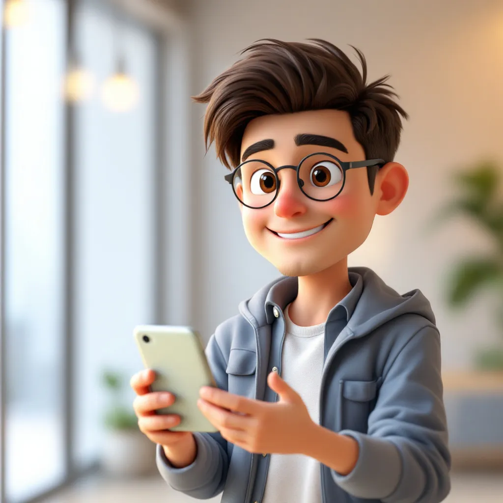 Prompt: A 3D cartoon-style man holding a smartphone and smiling, wearing smart casual clothes, soft lighting, modern background, Pixar-style character design