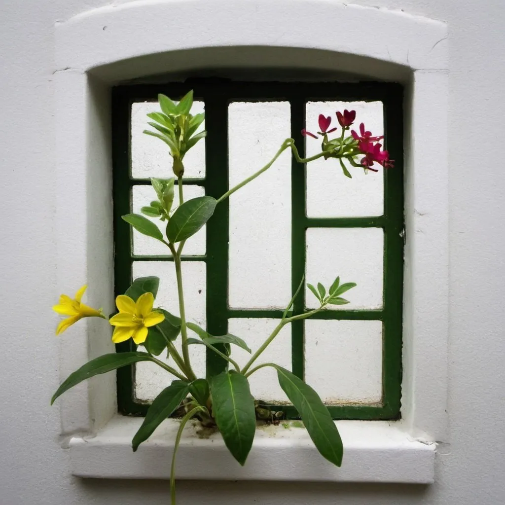 Prompt: quiero una fotografia de plantas verdes que tengan alguna flor amarilla
sin ventana