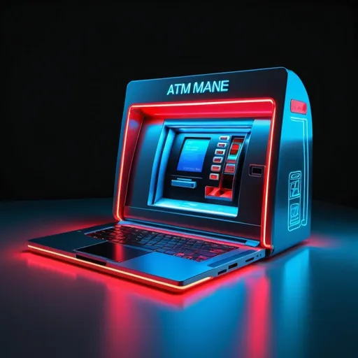 Prompt: A futuristic laptop that is an advanced minimalist ATM machine flowing money out. With neon blue and neon red.
