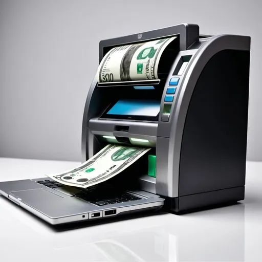 Prompt: A laptop that is an advanced minimalist ATM machine flowing money out 