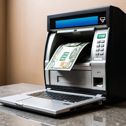 Prompt: A laptop that is an ATM machine flowing money out 