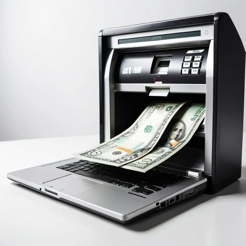 Prompt: A laptop that is an advanced minimalist ATM machine flowing money out 