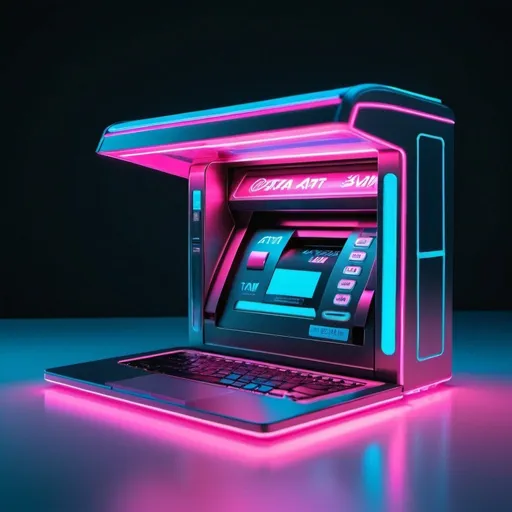 Prompt: A futuristic laptop that is an advanced minimalist ATM machine flowing money out. With neon blue and neon pink.