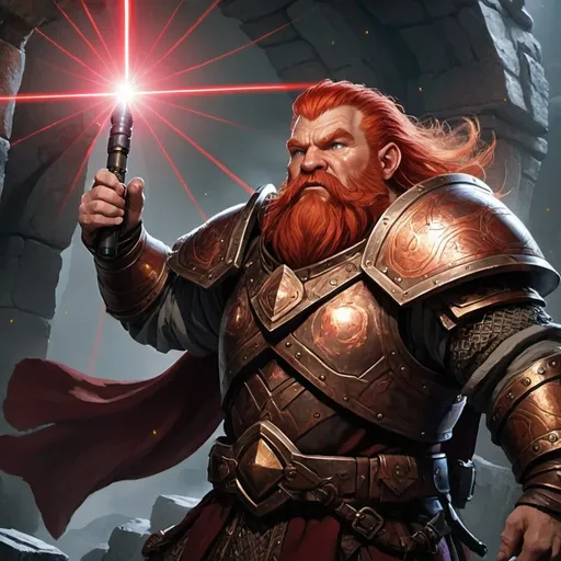 Prompt: A laser beam flies overhead a male Dwarven Warrior with red hair