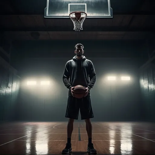 Prompt: 
Create an image of a man holding a basketball. Make the image dark and gloomy