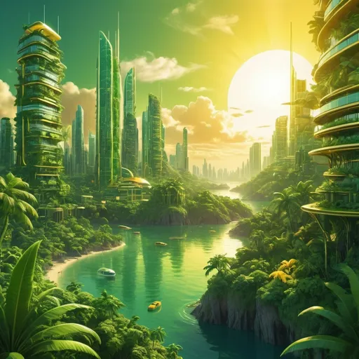 Prompt: yellow sun in a bright green sky with lush tropical island in a golden futuristic glassy city that blend nature with budlings and tec and make it y2k aesthetic