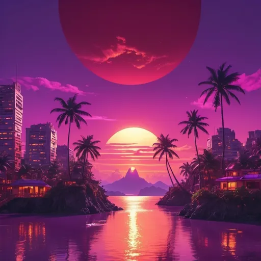 Prompt: red sun in a bright purple sky with lush tropical island in a golden futuristic city 