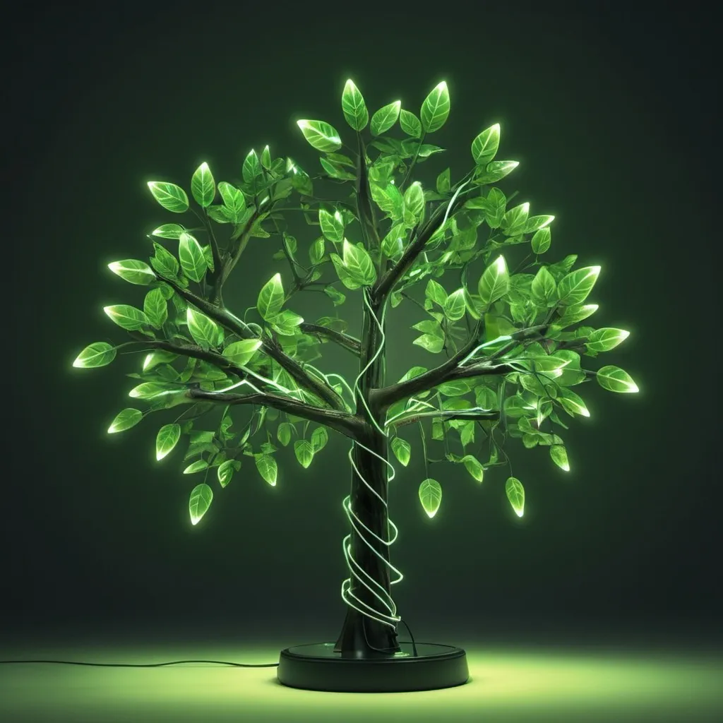 Prompt: an electro tree with glowing leaves 
