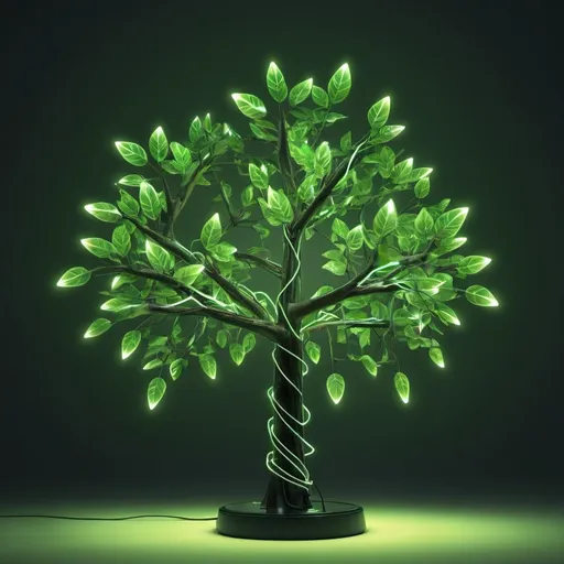 Prompt: an electro tree with glowing leaves 
