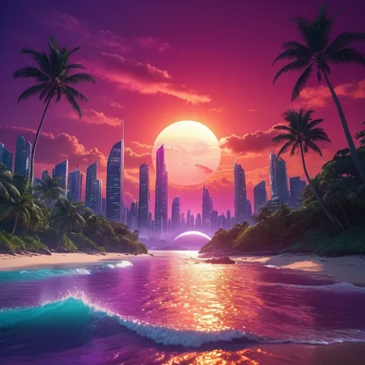 Prompt: red sun in a bright purple sky with lush tropical island in a golden futuristic city that blend nature with budlings and tec  