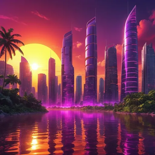 Prompt: red sun in a bright purple sky with lush tropical island in a golden futuristic glassy city that blend nature with budlings and tec  