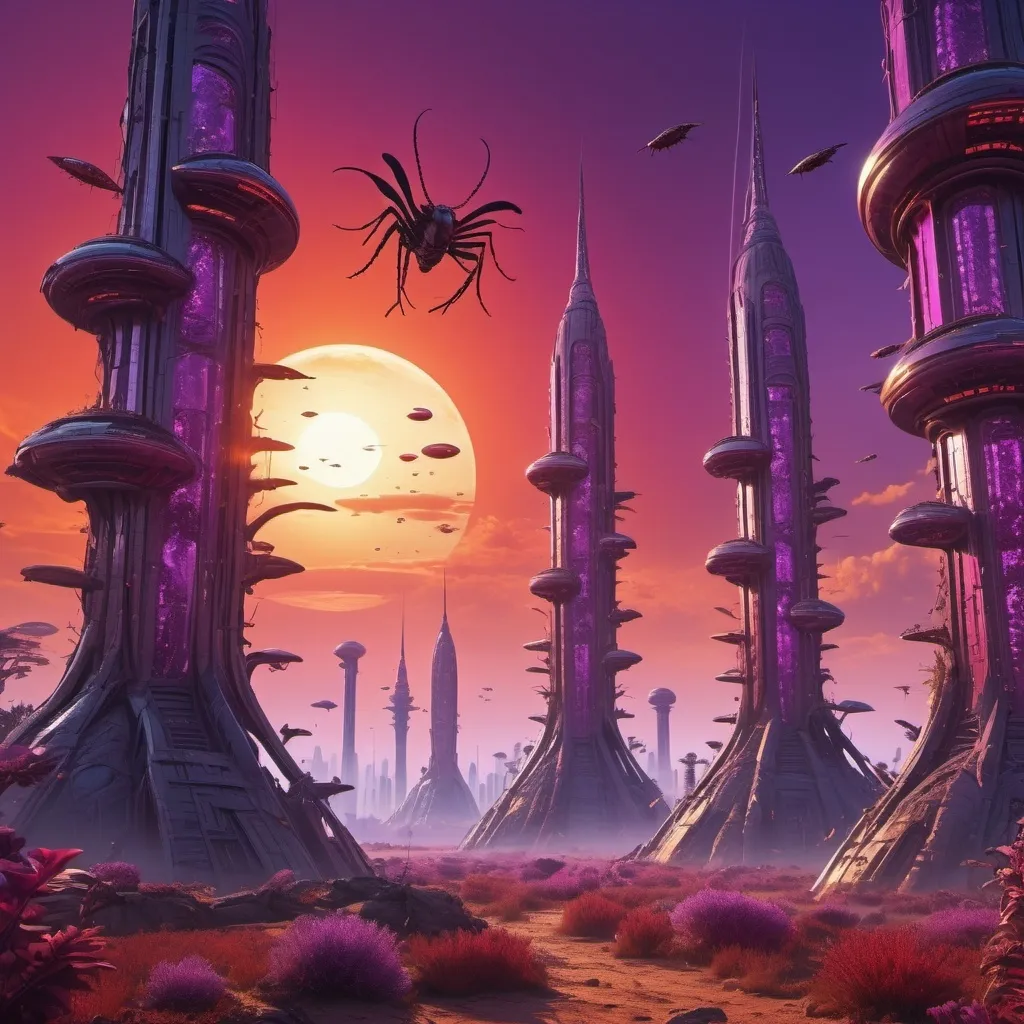 Prompt: a civilization of insectoids giant humans  with a red sun and a purple sky and a living breathable homes that are made by living organism and they live on top of pillars. 
 