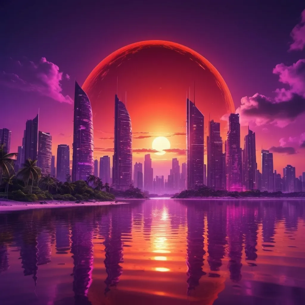 Prompt: red sun in a bright purple sky with lush tropical island in a golden futuristic city 