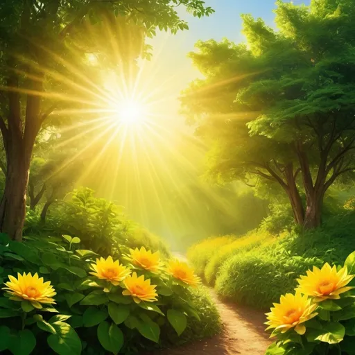 Prompt: a sun that is yellow and emits yellow light to nature 