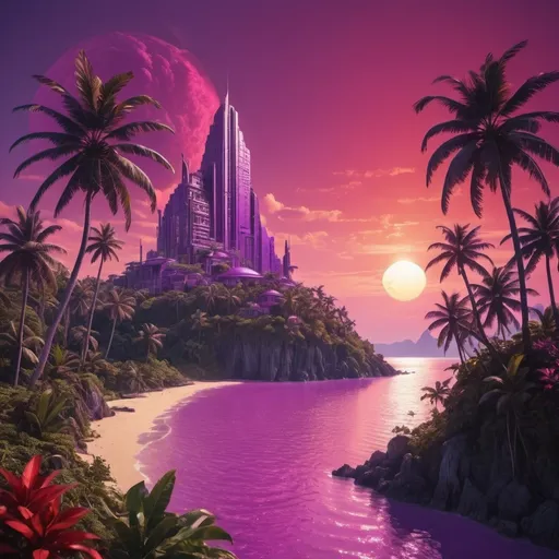 Prompt: red sun in a bright purple sky with lush tropical island in a golden futuristic city that blend nature with budlings and tec  