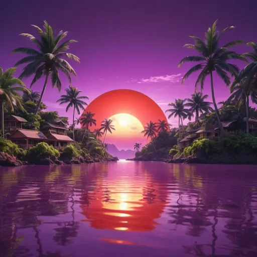 Prompt: red sun in a bright purple sky with lush tropical island in a golden futuristic glassy city that blend nature with budlings and tec  