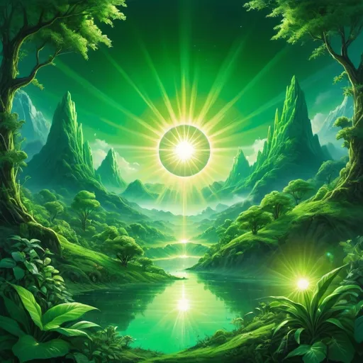 Prompt: a sun that is green and emits green light to nature 